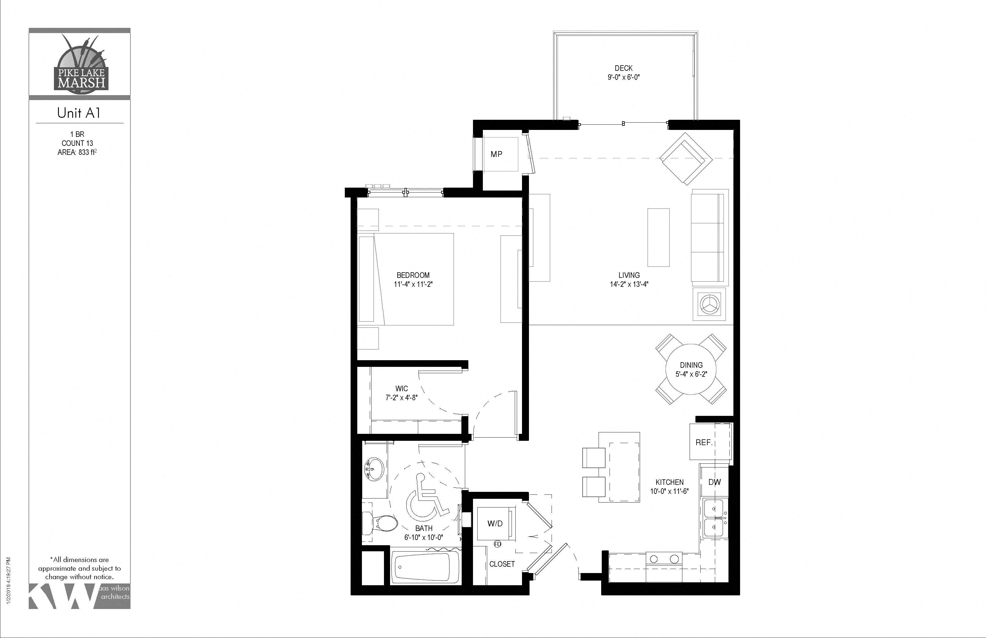 Floor plan for 1 bed, 1 bath, 833 sqft